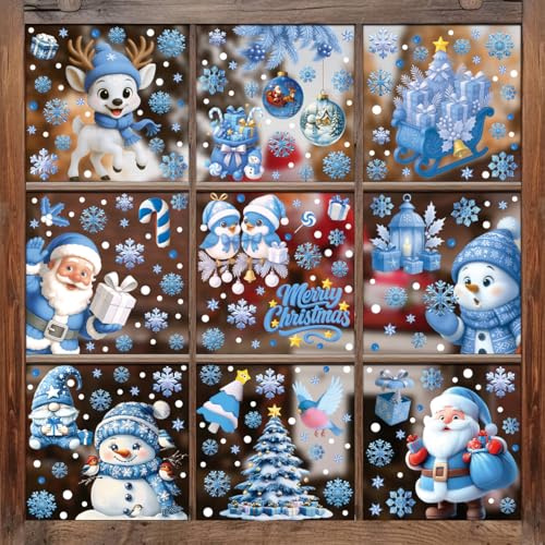 247 immagini per finestre natalizie, autoadesive, per finestre di Natale, riutilizzabili, in PVC, con fiocchi di neve, per finestre invernali, Natale, decorazione (blu)