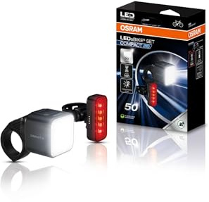 OSRAM LEDsBIKE COMPACT 50 SET, set di luci per bicicletta ricaricabili - anteriore e posteriore, omologato StVZO, compatibile con supporto Garmin, tre livelli di luminosità, 50 lux