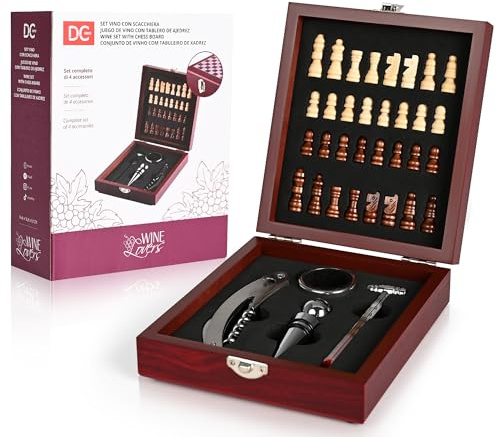Dc Casa Set Accessori Vino 4 Pezzi – Confezione a Forma di Scacchiera con Pedoni Inclusi – 14,8×16,8×5,1 cm – Termometro, Tappo, Cavatappi e Anello Antigoccia