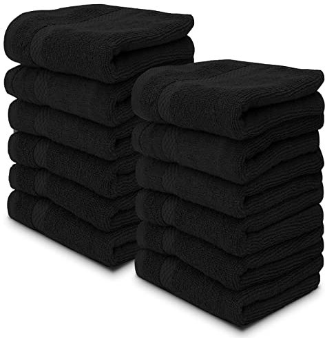 White Classic Luxury Cotton 12 Pc Flannel Set, Hotel Style Small Bath Towel and Face Cloth 33x33 cm, Black Soft Plush Flannels Pack of 12, Thick High Absorbent Wash Clothes, Face Towels