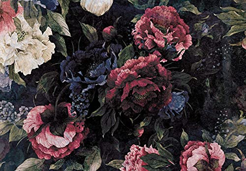 Forwall Fototapete Blumen Vintage Retro 3D Pfingstrosen Dunkel Rosen Wohnzimmer Schlafzimmer Vlies Tapete Wandtapete UV-Beständig Montagefertig (13534, V8 (368x254 cm) 4 Bahnen)