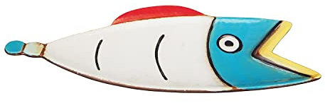 Plateau de service Comic en forme de poisson - Assiette design pour collations ou comme décoration et porte-clés - Le plat de service est en Gres et est blanc avec bleu, rouge et jaune - 13 x 33 cm