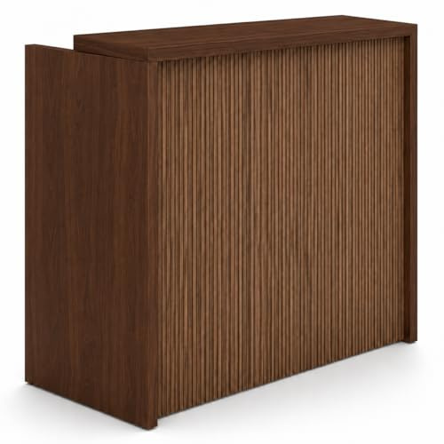 OFILIKE. Mostrador de Recepción Compact Milos. Mesa Mostrador para Oficina, Clínica, Peluquería y Tienda, Diseño Decorativo Efecto Listones, Sin Relieve (140cm Ancho, Estructura Nogal)