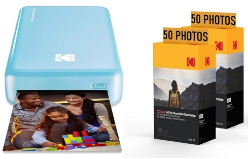 Kodak Pack Imprimante Photo Printer PM220 et 2 Cartouches MSC50 - Photos 5.4 * 8.6 cm, WiFi, Compatible Avec iOS et Android - Bleu