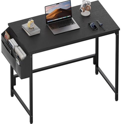 HLFURNIEU 80 x 40 cm Escritorio, Mesa Escritorio Pequeña con Bolsa de Almacenaje, Mesa Ordenador, para Oficina en Casa, Sala de Estar, Espacios Pequeños, Estructura Metal, Negro