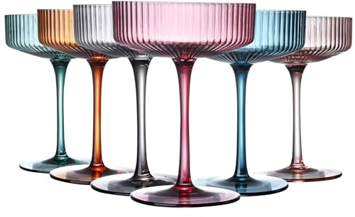 LUXULISH Art Deco Colored Vintage Coupe Glasses, Ribbed Crystal Handmade Martini, Cocktail & Champagne Glasses, Perfect for Dessert, Manhattan, Cosmopolitan, Gimlet, Pisco Sour - 7Oz