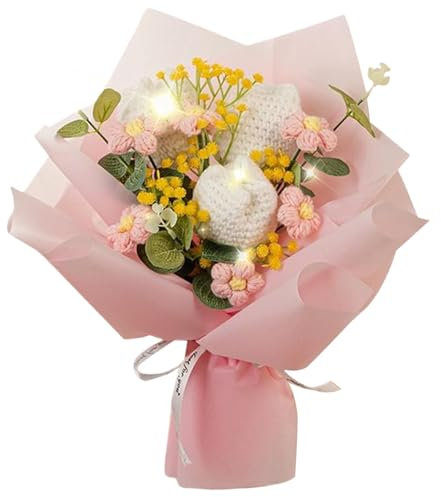 Obelunrp Virkad blombukett, 30 cm/11,8 tum handgjord virkad tulpanbukett med ljusslingor och presentväska, stickade blommor bukett present till flickvän fru mamma