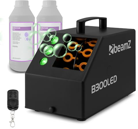 Beamz B300LED Pro DJ Bubble Machine with RGB LED Lights, Wireless Remote Control, Powerful Fan, Lightweight Compact Design and 2L Liquid Included