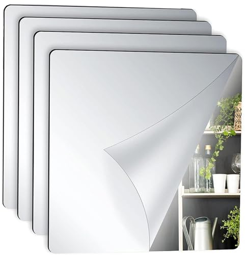Jorzer 4 st självhäftande speglar för väggar 20 cm x 20 cm självhäftande spegel icke-glas akryl spegelark flexibel självhäftande spegel kakel klar reflektion spegel klistermärken