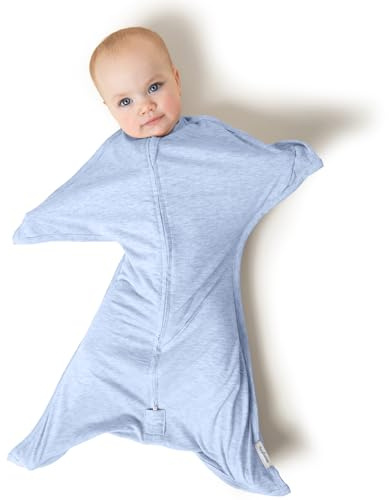 SleepingBaby Zipadee-Zip Transition Swaddle - Cozy Baby Swaddling Blanket with Zipper Convenience - Roomy Wearable Blanket for Easy Diaper Changes - 4-8 Month - Baseline Blue Heather