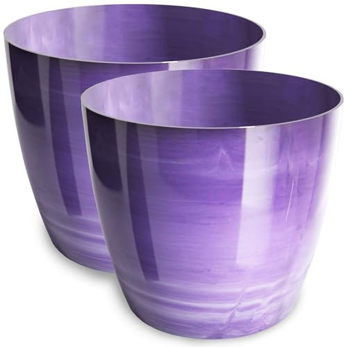 PECZEKO Lot de 2 pots de fleurs brillants en plastique - Pot décoratif pour grandes et petites plantes - Diamètre : 14 cm - Violet