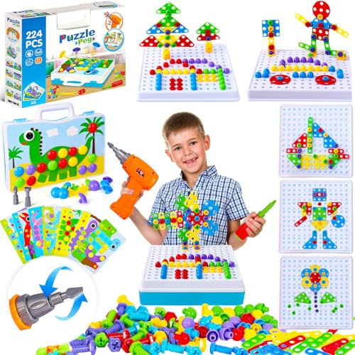 BUOAZR Juguetes Niños 3 4 5 6 años Herramientas Juguete Puzzle 3D Caja de Herramientas, Mosaicos Juegos de Construcción con Taladro Eléctrico, Juegos Educativos Regalos, Caja de Herramientas, 224 Pcs