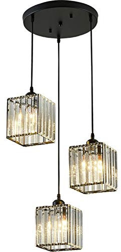 Contemporary Crystal Pendant Light Cluster with 3 Way E27 Ceiling Fixture for Kitchen Dining Living Room Chandelier Modern Square Design in Black (3 Lights)