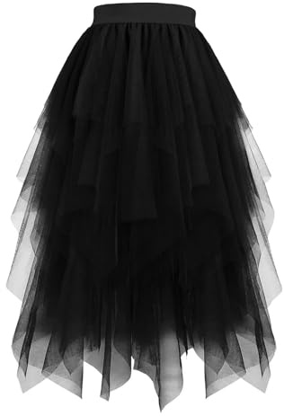 Tutu Skirts for Women Midi Long Fairy Skirt Tulle Mesh Layered High Elastic Waist Halloween Skirts Tiered Layered Mesh Ballet Evening Prom Party Cocktail A-line Skirt Black