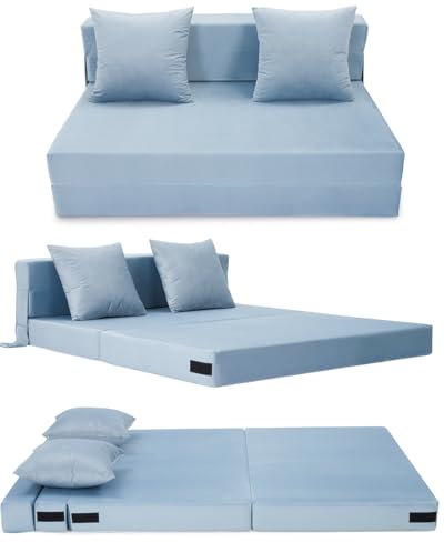 HAUSPROFI Schlafsofa mit Bezug aus Samtstoff & 2 Kissen, Bezug Abnehmbar, Waschbar, Klappmatratze mit Hochelastischer PU-Schwamm, Liegefläche 140CM x200CM (Blau)