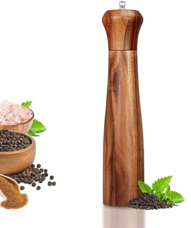 1 Pack - 10 Inch tall Acacia Wood Pepper Grinder or Salt Mill Elegant Pepper Mill Wooden with a Adjustable Ceramic Rotor and Easily Refillable - Wood Salt Grinder for Your Kitchen