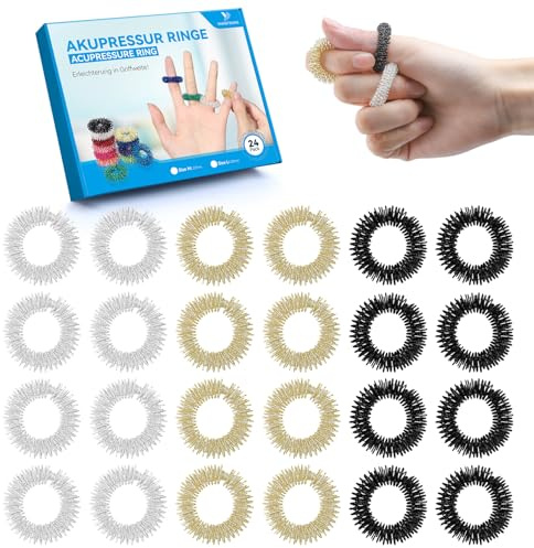 YANGTSUNG 24-Pack Akupressurringar, 30 mm Spikiga Fingerringar för Att Främja Blodcirkulation, Stressavlastning, Massage Fidget Ringar för Tonåringar 14+ och Vuxna (Guld/Silver/Svart)