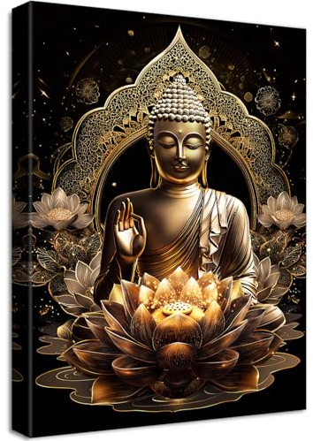 Wooden Framed Canvas Wall Art Bronze Buddha Statue Lotus Flowers Painting on Canvas Prints Poster Zen Spa Buddhism Prayer Pictures for Living Room Bedroom Home Hallway Corridor Wall Decor 40x60cm