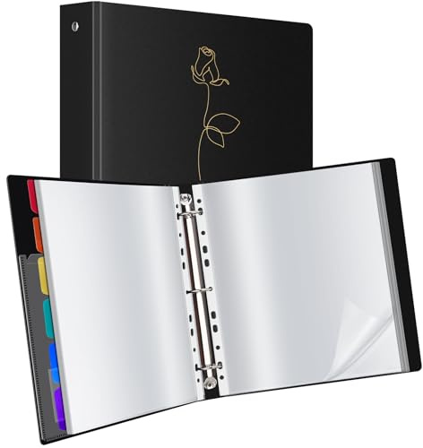 Uquelic Raccoglitore ad anelli con 80 buste trasparenti A4 (50 micron) e 6 divisori colorati in PP, organizer per documenti, certificati, portafoglio, nero, oro con stampa a rose