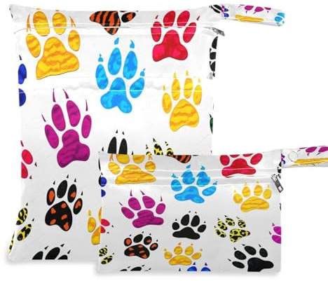 Waassud Colorful Paws - Borsa per pannolini bagnata riutilizzabile, con 2 tasche con cerniera, per costume da bagno e palestra