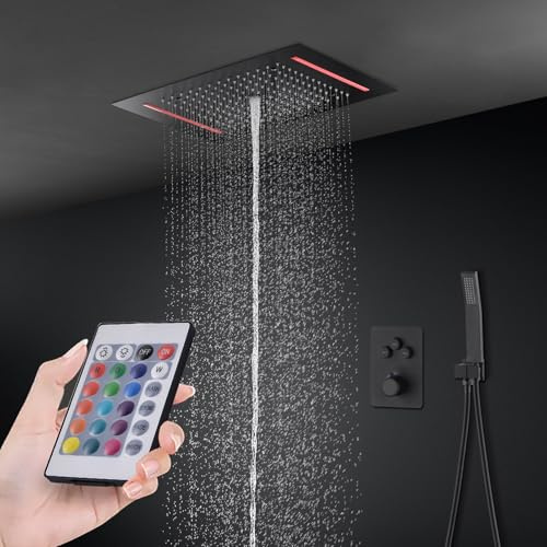 SWHC Columna Ducha Termostatica RGB Sistema de Ducha, Sistema de Ducha Empotrado 3 Funciones, Cabezal de Ducha de Lluvia LED de 500 * 360mm, Ducha de Mano