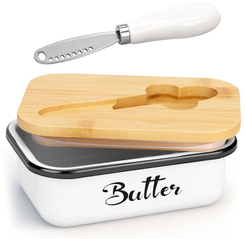 TOSUTO Burriera - Portaburro da 450g,Contenitore per burro con coperchio in bambù e coltello integrato,portaburro da frigo,Burriera per burro per burro per la cucina e come regalo (Bianco)