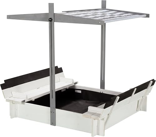 WONDERMAKE® Arenero de diseño de madera con techo, cubierta y banco, caja de arena para niños con tapa plegable, protección solar UV, caja de arena cuadrada para jardín, parque infantil, 120 x 120 cm