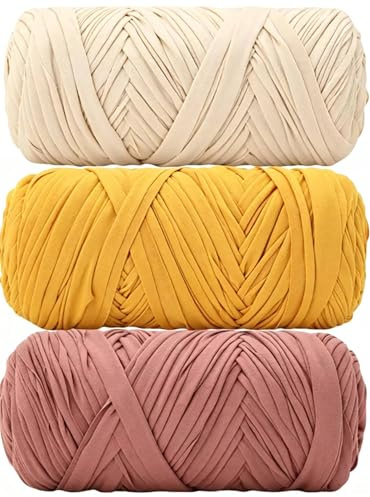 Fil pour Crochet 3x200g/60m,BetterJonny Tshirt Yarn Fil Polyester, Chunky Tshirt Yarn, pour Sac au Crochet, Panier, Tapis, Couverture,Bricolage, Artisanat(Abricot+Rose foncé+Jaune）
