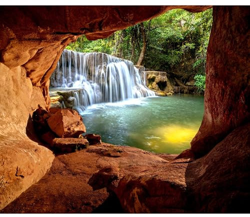 decomonkey Fototapete Wasserfall Wald 350x256 cm XL Tapete Fototapeten Vlies Tapeten Vliestapete Wandtapete moderne Wandbild Wand Schlafzimmer Wohnzimmer Natur