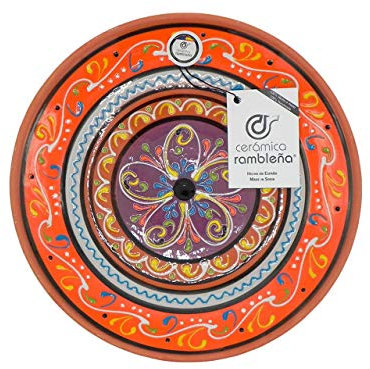 CERÁMICA RAMBLEÑA | Plato Decorativo para Colgar en Pared | Plato de cerámica | Plato decoración Mediterránea Naranja-Blanco-Violeta | 100% Hecho a Mano | 21x21x2.5 cm