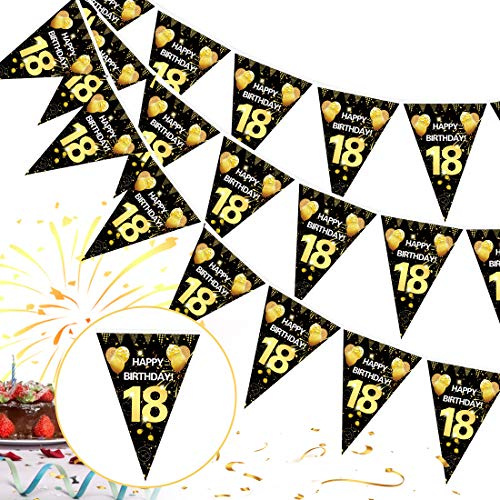 18 Ans Guirlande Joyeux Anniversaire Noir Or,18e Anniversaire Guirlande Drapeaux de Triangle Decoration,18e Garcon Fille Fête de Anniversaire Tissu Affiche Toile de Fond Bannière Décoration