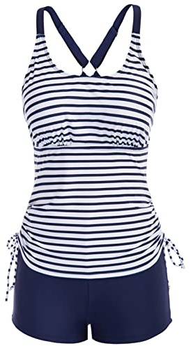Tankini Swimsuit for Women Stripe Bathing Suits Two Pieces Casual Holiday Swimming Wear Sports Tank Tops Boyshorts Stripe Navy S