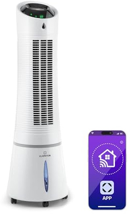 Climatizzatore 4in1: raffrescatore evaporativo, ventilatore, umidificatore/ionizzatore, 6L, oscillazione, 30W, 210m³/h, timer, no tubo di scarico, portatile, Klarstein, Bianco, Skyscraper Ice Smart
