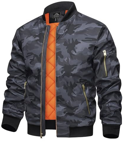 TACVASEN Herren Bomberjacke Übergangsjacke Sportjacke Fahrrad Windbreaker Camouflage Frühlingsjacke mit Taschen (M, Schwarz Camo)