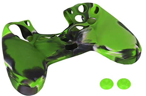 Vikye Housse en Silicone pour Manette PS4, Coque en Silicone Antidérapante avec 1 Paire de Poignées pour Manette PS4, Bleu Camouflage(Vert camouflé)