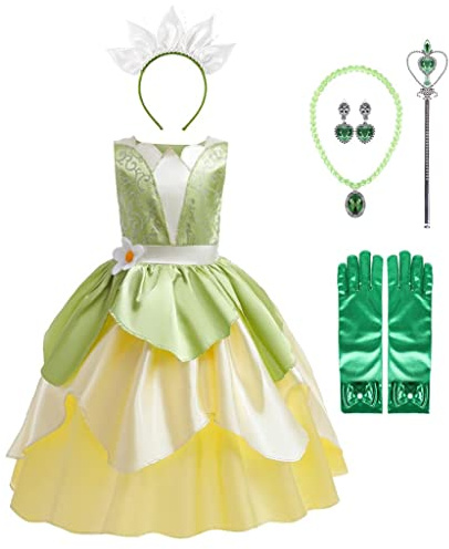 Lito Angels Prinzessin Tiana Kostüm Kleid Verkleidung mit Zubehör für Mädchen Kinder, Größe 6-7 Jahre 122