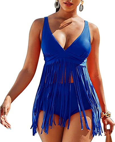 Luojida Costume da Bagno Donna Scollo a V Bikini Due Pezzi Swimwear Push Up Imbottito Reggiseno Coordinati Sexy Frange con Costume Vita Alta Pantaloncino Spiaggia Estate (Blu, M)