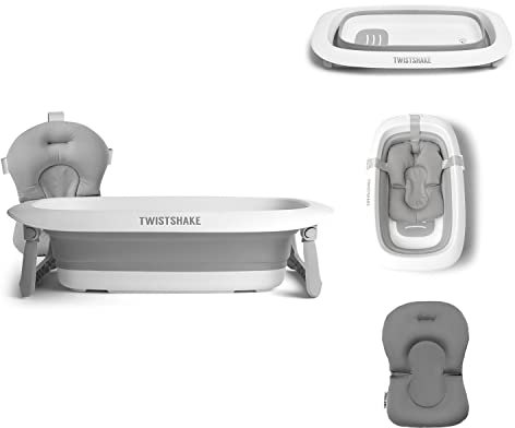 Twistshake Baignoire et Coussin pour Bébé | Baignoire Pliable + Coussin | Accessoires de bain pour Bébé | Léger - Portable - Facile à Nettoyer | Design ergonomique | Sans BPA et BPS | Blanc Gris