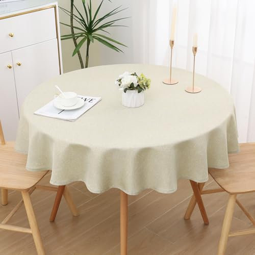 Spotjoy Glitzer Leinenoptik Tischdecke Abwaschbar Rund 140cm Tischtuch Lotuseffekt Wasserabweisend Tischwäsche Fleckabweisend - Beige