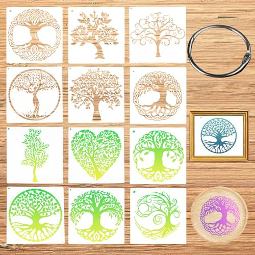 12 Stück Schablonen Malen, Baumschablonen, Airbrush Schablonen, Schablonen Textilgestaltung, Malschablonen enthält Ring aus Eisen, Baum Des Lebens Schablone für Malerei Holz Wand Deko