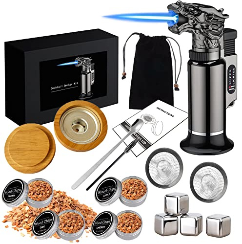 Whiskey Smoker Kit mit 4 Holzchips, Altmodisches Whiskey-Getränke-Smoker-Set, Rauchige Wein Whiskey Cocktails, Geschenk für Vater, Ehemann und Cocktail-Liebhaber