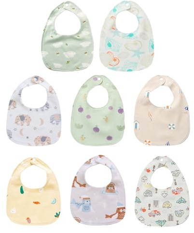 NyxSeat 8 stycken baby-haklappar, absorberande baby-slip-on påse av bomull, bandana, justerbar haklapp med tryckknapp, dregelhaklapp, lämplig för 0–36 månader, flerfärgad, 20 * 27 cm