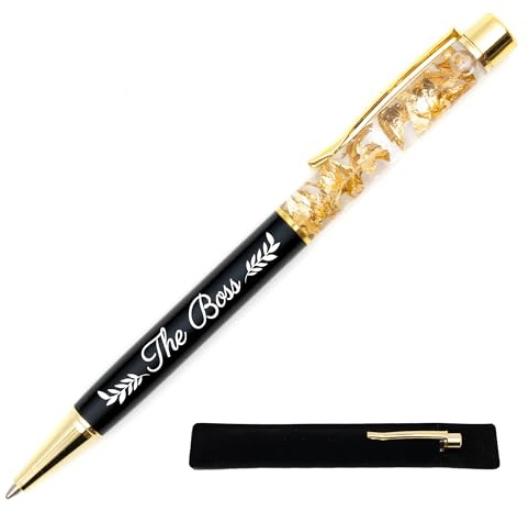 Stylo gravé The Boss, Noir - Stylo à la Feuille d'or avec étui tissu, cadeau original et chic à offrir pour meilleur collègue, ami