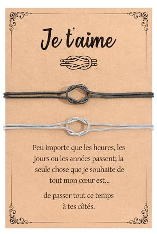 YELUWA 2 Pcs Bracelet Couple, Cadeau Mariage, Cadeau Couple, Bracelet Noeud pour Homme Femme et l'Amoureuse Cadeaux Femme Petite Amie Mari Fiançailles Cadeaux Saint-Valentin Anniversaire Noir Argent