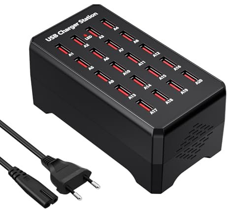 USB-Ladestation, 20 Ports 100W/20A Ladegerät Mehrfach, Desktop-Ladestation kompatibel mit iPhone 14/15/16, Samsung Galaxy S23/S24/S25, Google Pixel,Tablets und andere USB-Geräte