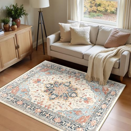 INOVADAY Vintage Waschbarer Teppich Wohnzimmer 120x180 cm Boho Kurzflor rutschfest Teppich Weich Teppiche mit Druckmuster für Schlafzimmer, Esszimmer, Büro Beige/Blau/Orange