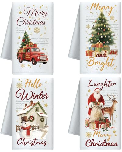 CUTHOLLOW Weihnachtsmann und Baum Deko Trockentuch 4-Set, Weich & Saugfähig Geschirrtücher Microfaser für Küche, Tee, Kaffee, Bar, Zuhause, Gemütlich Geschenk für Weihnachten, Winter, Geburtstag