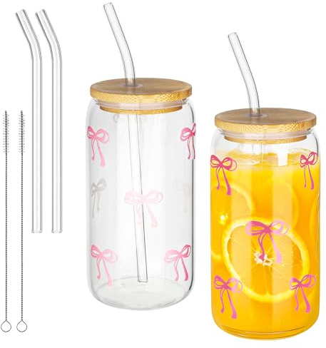 BUCOMTU Set de 2 Verre Matcha,Tasses Matcha 500ml,Verres Avec Couvercle et Paille 500 ml, Verres en Verre pour thé, Boissons, Jus, Café Glacé, Latte, pour une Adolescente de 11 Ans