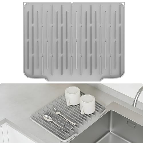 Volminex Alfombrilla Escurreplatos de Silicona Engrosada, Tapete de Secado Rápido Elevado para Fregadero Cocina, Escurridor de Platos, Bandeja Escurreplatos de Fregadero y Encimera (Gris claro)