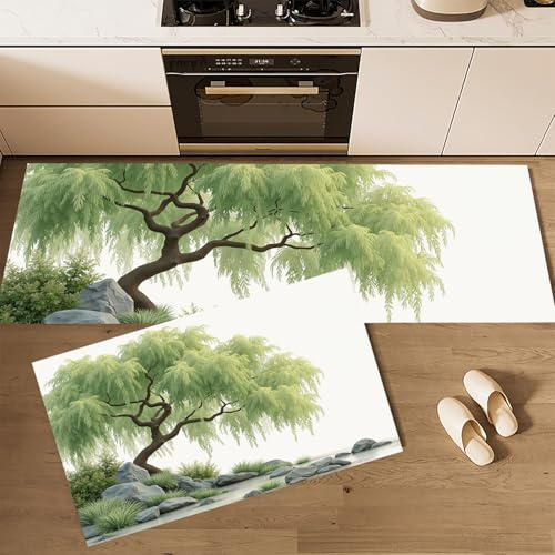 Set Di 2 Tappeti Da Cucina Minimalista Cinese, Tappetini Salice Pietra Per La Decorazione Della Casa E L'Ufficio, Antiscivolo, Tappetini Da Cucina Verde Chiaro, 50x80cm+50x150cm